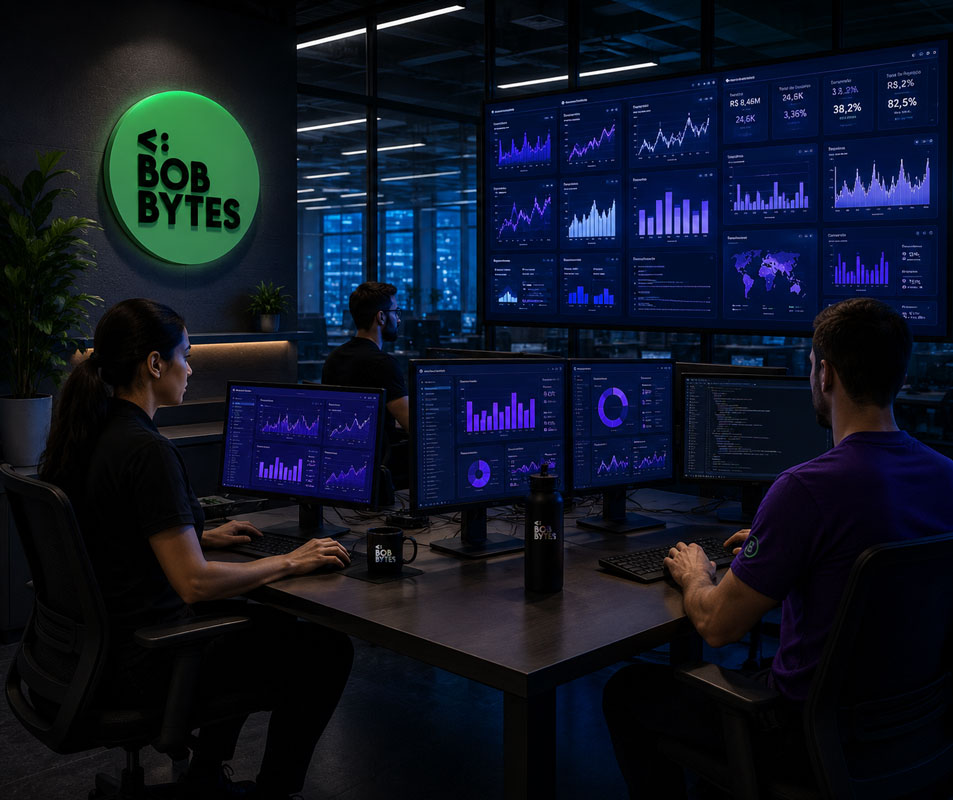 Equipe da BobBytes trabalhando com análise de dados, inteligência artificial, desenvolvimento de software e soluções de tecnologia empresarial.