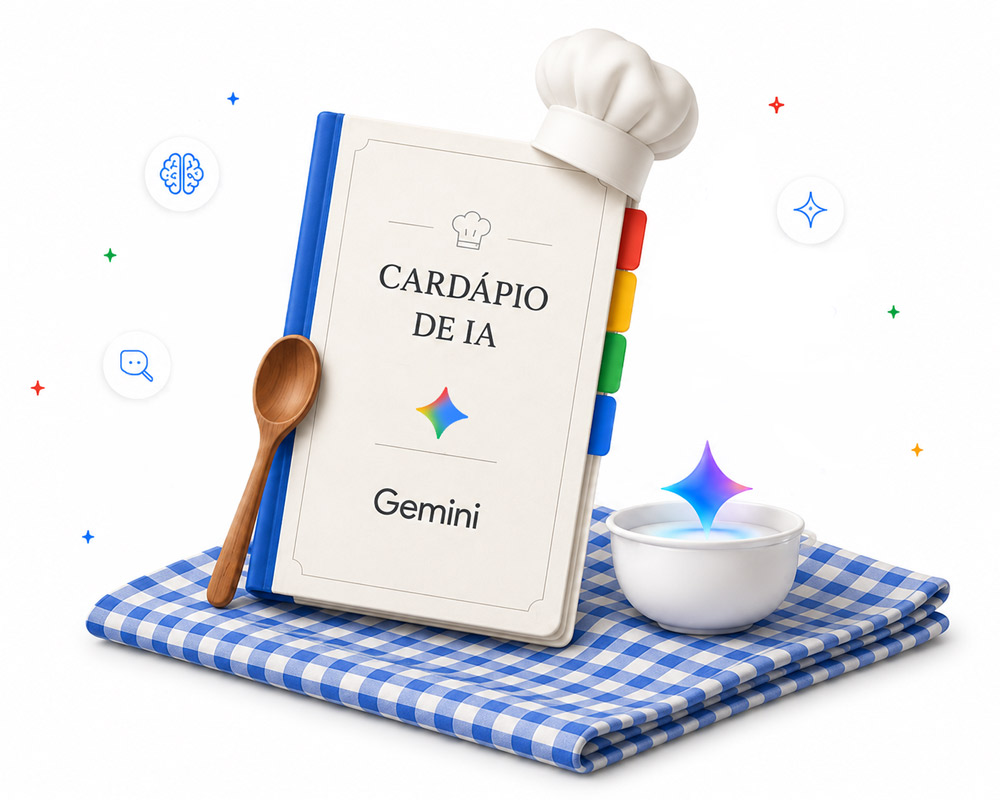 Cardápio de IA do Google Gemini representado por um livro de receitas e elementos de cozinha.